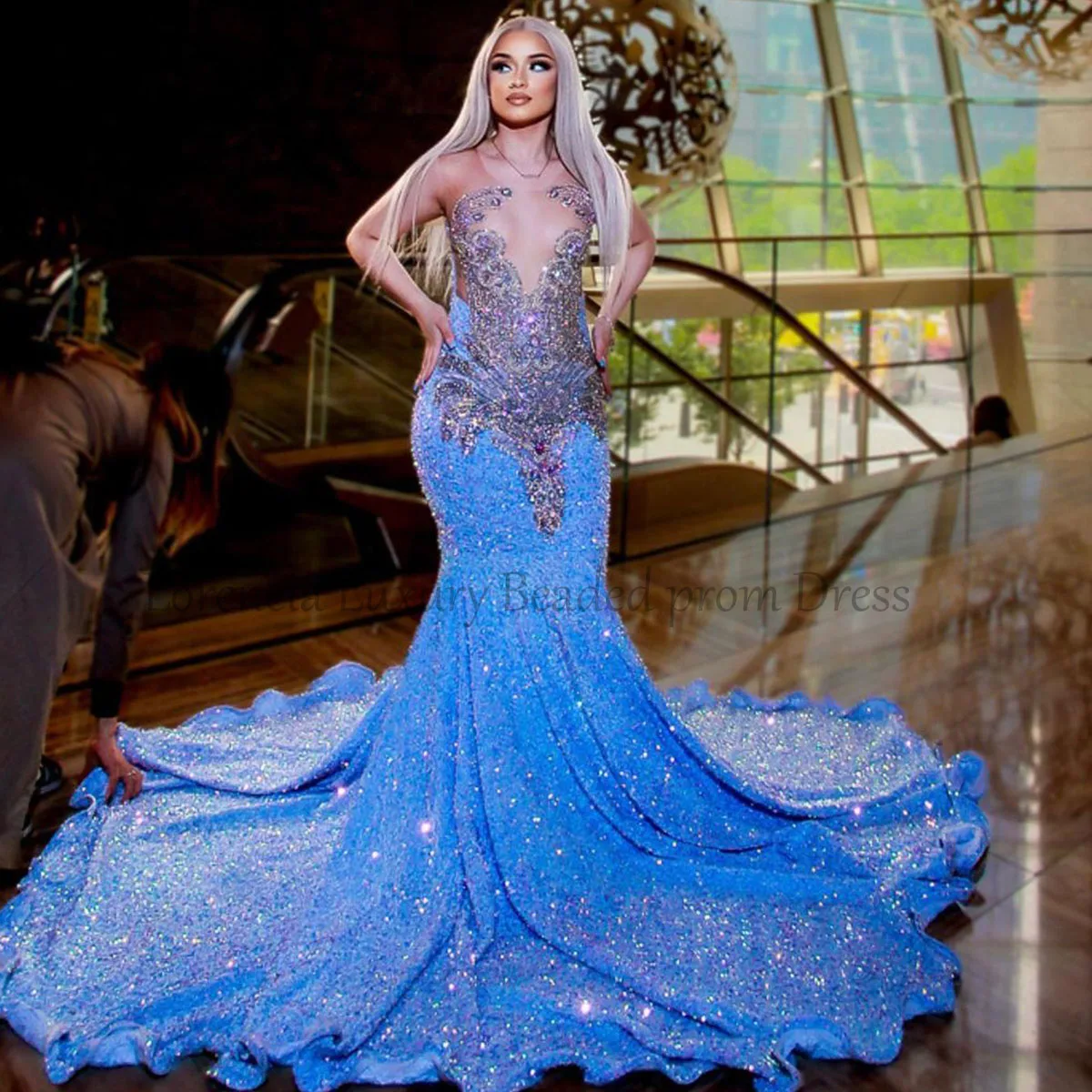 

Sparkly Blue Crystal Mermaid Prom Dress Beads 2024 Rhinestones Evening Party Dress For Black Girls Formal vestidos de gala