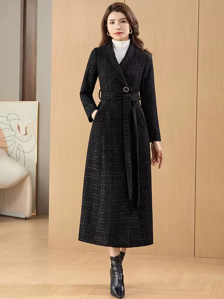 New Women Black Bright Silk Wool Blended Coat Autumn Winter Fashion Shawl Collar Lace-up Slim Woolen Overcoat Long Outerwear