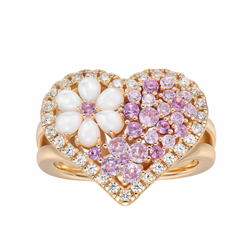 CAMEO Pink and White Diamond Beimu Flower Love Heart Ring for Women 925 Silver Gold Plated High End Jewelry Gift Accessories
