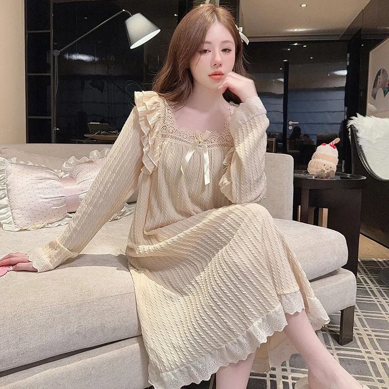 قمصان نوم قطنية بأكمام طويلة مقاس كبير للخريف للنساء ملابس نوم لطيفة برقبة مربعة على طراز الأميرة فستان نوم كوري للمنزل