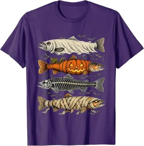 Halloween-Forellen-Fisch-Geister-Kürbis-Skelett-Mumien-T-Shirt Gruseliges Angeln Halloween-Kostüm Y2k Horror-Fischerkleidung – Detail 13