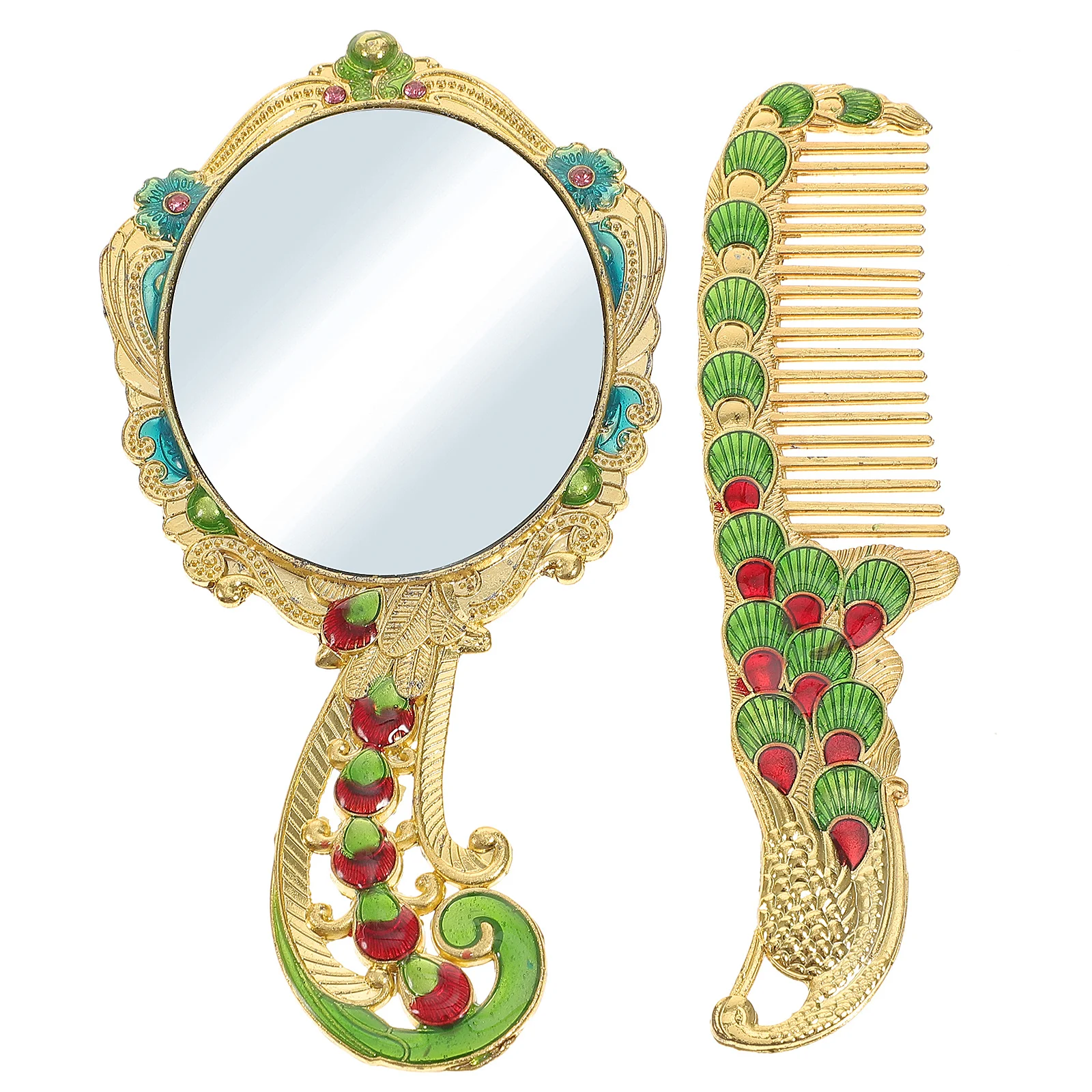 กระจกแต่งหน้าโลหะวินเทจ 2 ชิ้น ชุดกระจกหวีแบบพกพา สไตล์เรโทร อุปกรณ์เสริมสำหรับการเดินทาง โรงเรียน และฟิตเนส