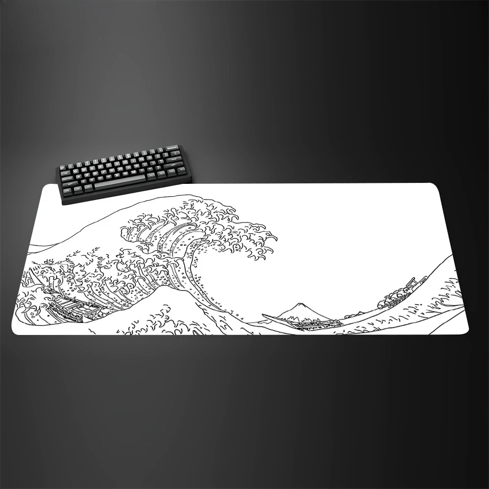 XXL 90x45cm Black and White Giant Wave Keyboard Game Anime Mouse Pad Non-slip Leather Art Computer Desk Mat Carpet with Lockedge