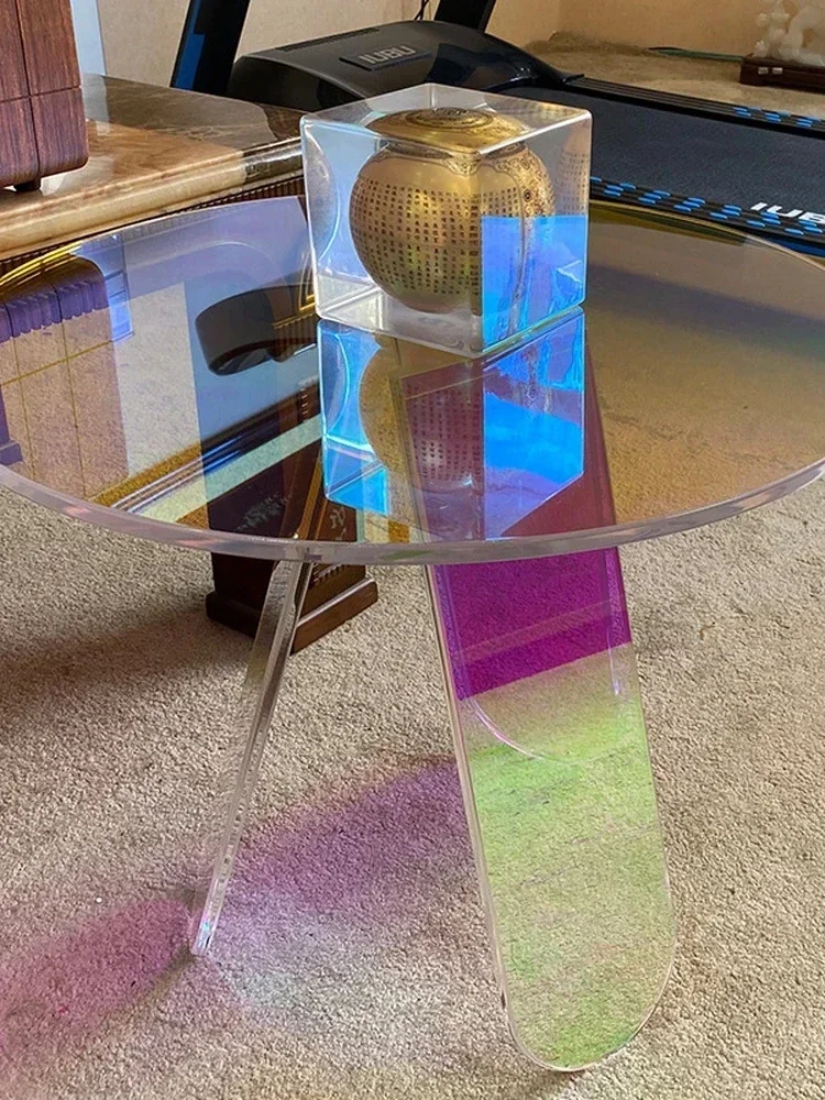 Acrylic Side Table Display Designer Round Colorful Rainbow Clear  Iridescent Art Coffee  Home Furniture