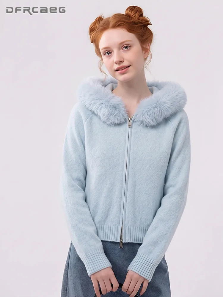 Sky Blue Soft Removable Faux Fur Collar Hooded Sweater For Women Warm Winter Long Sleeve Sweet Zipper Knit Top