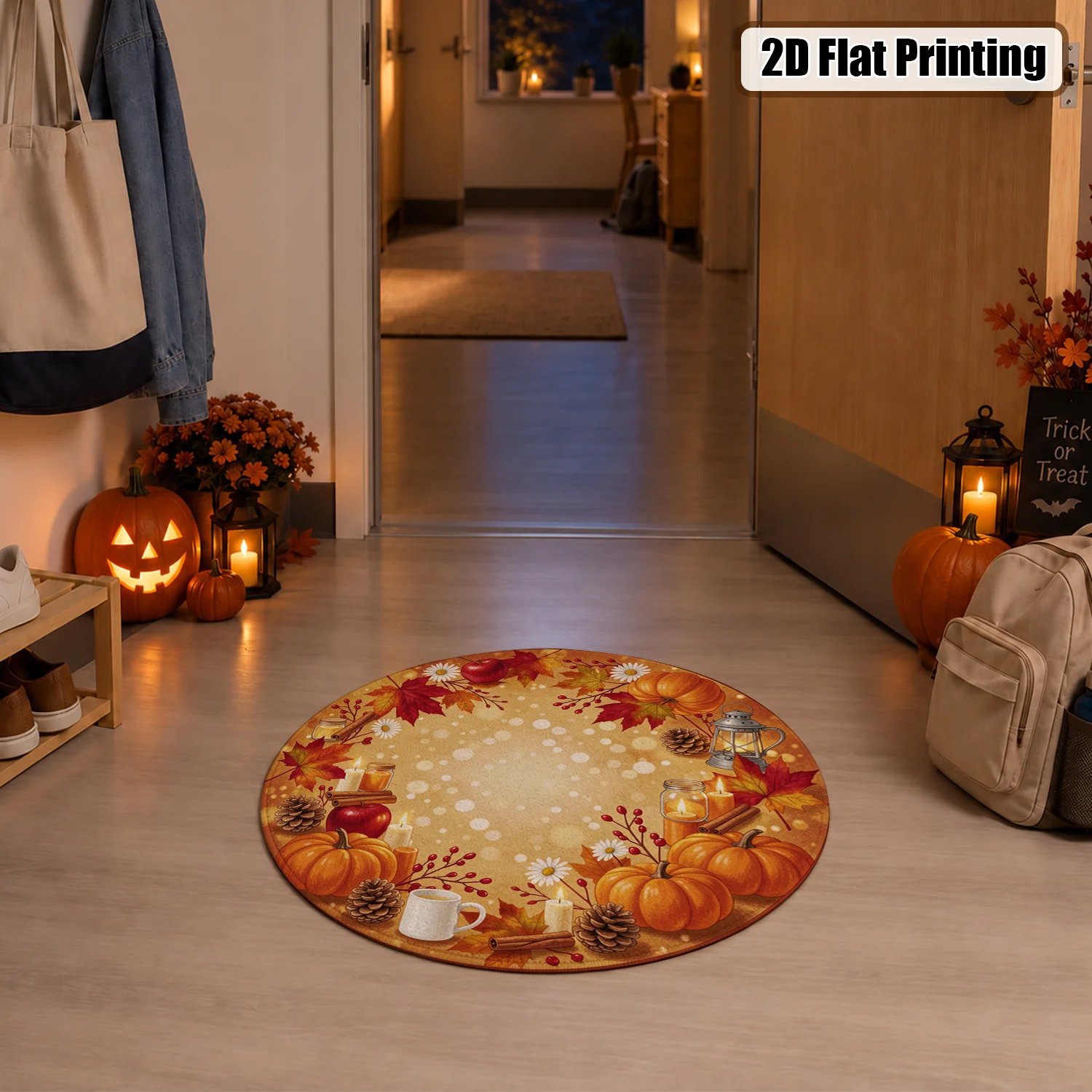 Fall Pumpkin Maple Leaf Pattern Round Velvet Area Rug, Machine Washable Cozy Soft Floor Mat for Dining Room, Living Room, Entryway, Kitchen, Perfect for Halloween, Thanksgiving, Christmas, New Year Seasonal Home Decor