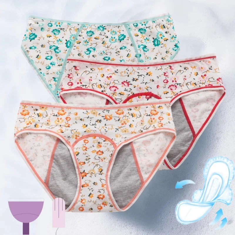 3 Pcs Menstrual Leakproof Panties Women\'s Cotton Briefs Children PrintedMid Waist FashionPhysiological PeriodGirlsUnderpants