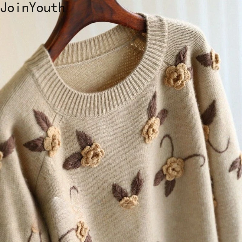 3D Floral Pullovers for Women O-neck Long Sleeve Jumper Pull Femme Fashion Vintage Sueter Mujer Knitted Fashion Sweater Jackets