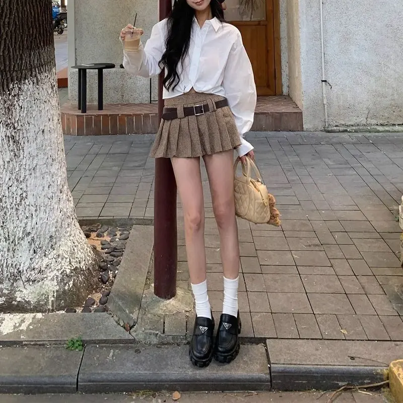 Fashionable Pleated Houndstooth Mini Skirts Female Clothing Preppy Style Summer New Korean A-line High Waist Sashes Skirts