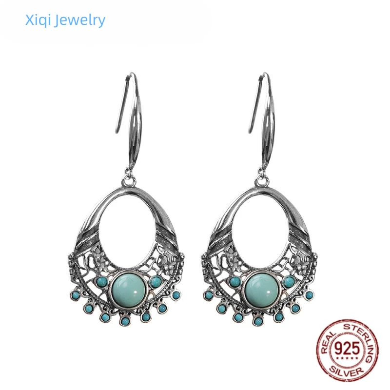 

Xiqi Jewelry S925 Silver Fashionable Exaggerated Water-Drop Hollow Women's Earrings, French-Set Natural Turquoise, High-End Jewe
