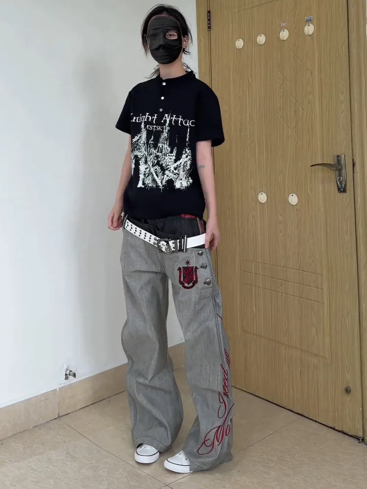 Red to Red Ear Double Waist Head Vibe Jeans Men's American Washed Old Blade Pants Trendy Wide Leg Pants High Waist Jeans