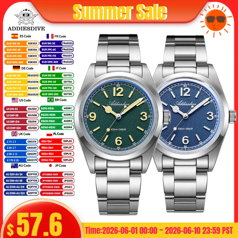

ADDIESDIVE 36mm Watch For Men reloj hombre 316L Stainless Steel Bubble Mirror Glass 100m Waterproof Quartz Watches AD2518