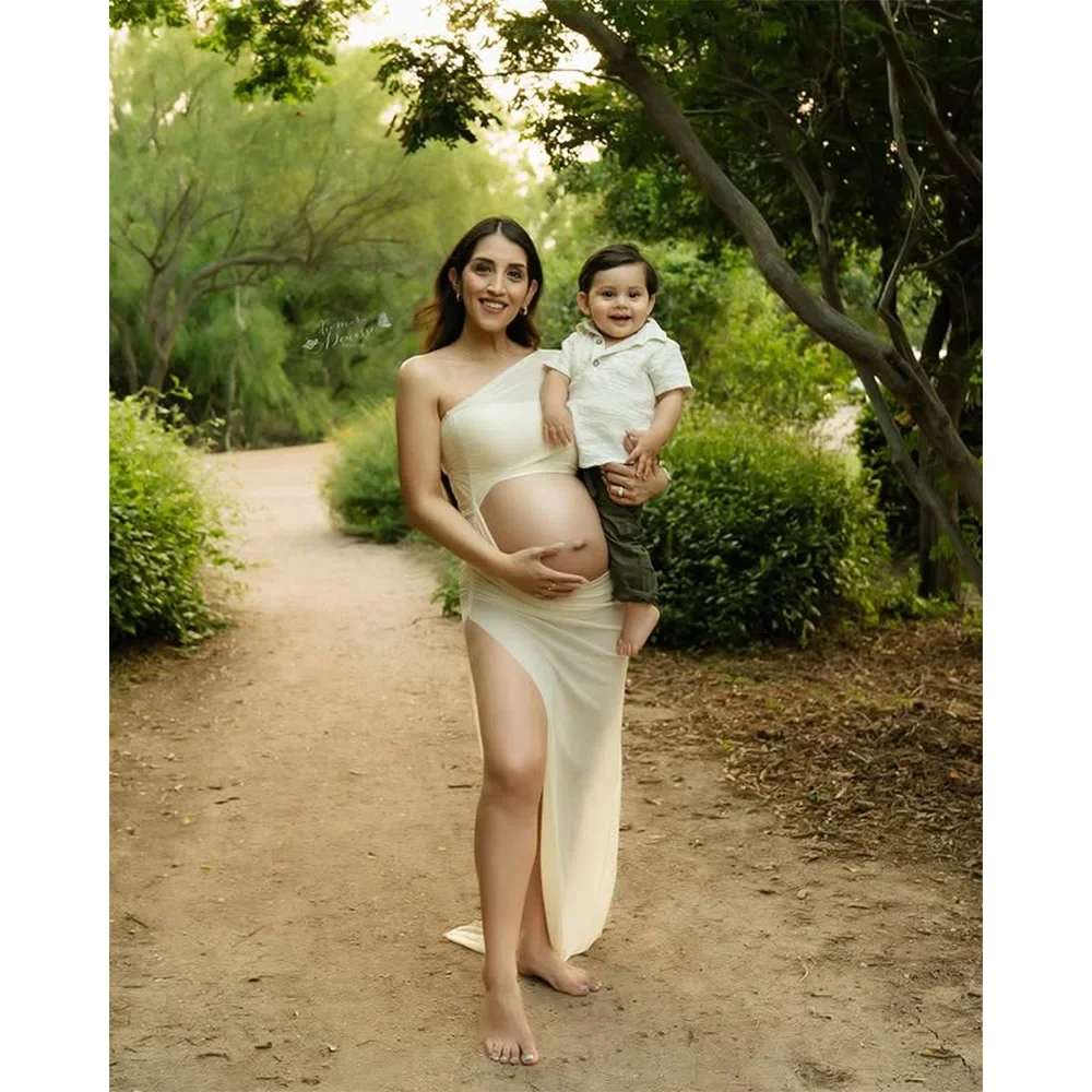 Sexy Sheer Mesh Maternity Dress Photoshoot - Asym Neck High Side Slit  For Women Beach Outdoor Studio Pregnancy Gown