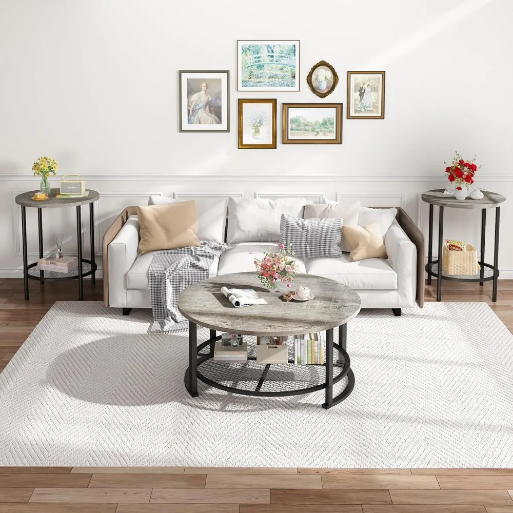 Wooden Modern Rustic 3-Piece Living Room Furniture Set: Coffee and End Tables