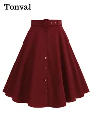 Tonval Belted Single Breasted Vintage Swing Skirt Women High Waist Solid Elegant Pockets Side Christmas Party Knee Length Skirts