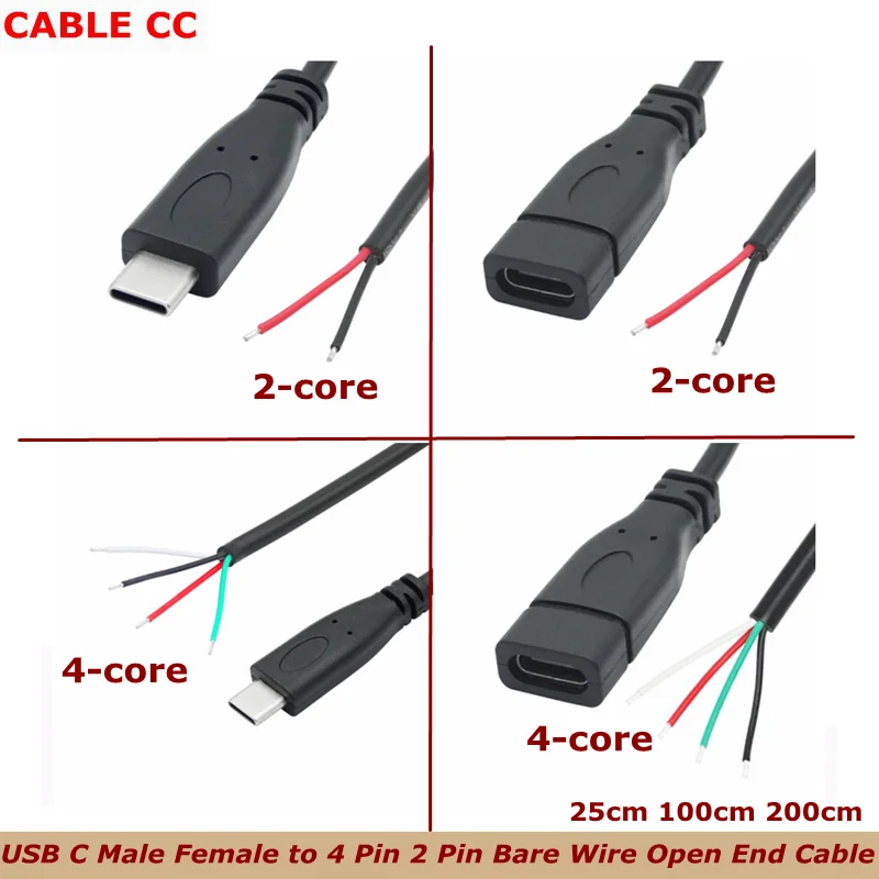 Type-C Male Female Socket to 2 Pin 4 Pin Bare Wire Power Cable For USB C Equipment Installed or Replacement Repair DIY Cable