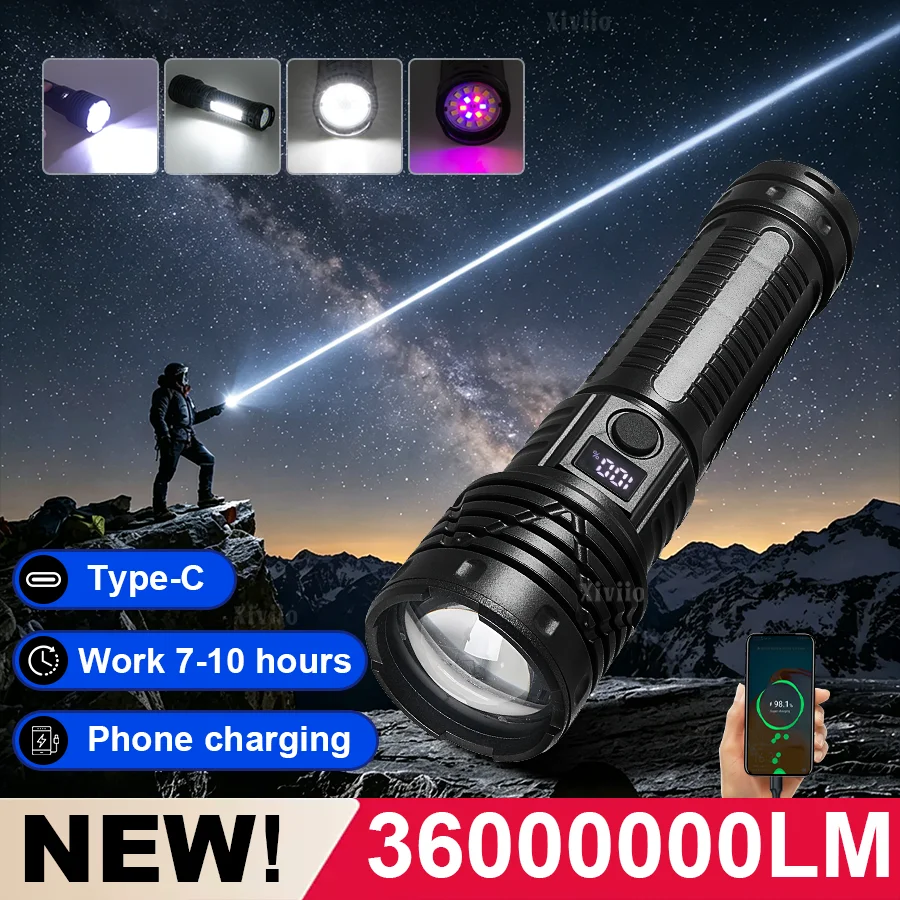 Digital Display 36000000LM Super Powerful Led Flashlight Rechargeable Zoom Tactical Torch Side Light Waterproof Bright Lantern