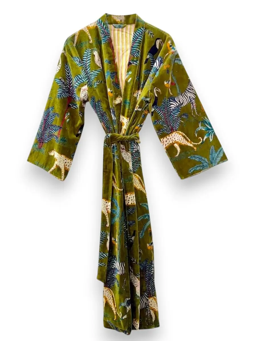 Velvet Kimono Robe, Floral and Jungle Animal Print, Long Belted Dressing Gown, Striped Lining
