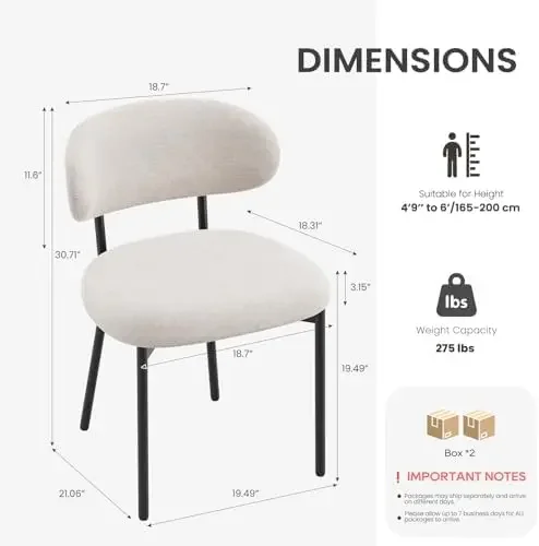Upholstered Dining Chairs Set of 6, Modern Fabric Kitchen Chairs with Curved Backrest and Cushioned Seat, Sturdy Metal