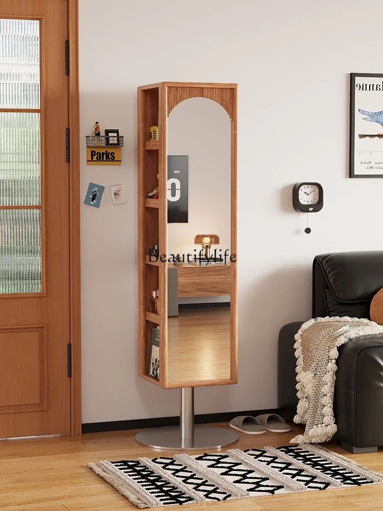

02Solid wood full-body mirror household floor-to-ceiling full-length mirror rotatable bookshelf storage integrated small apartme