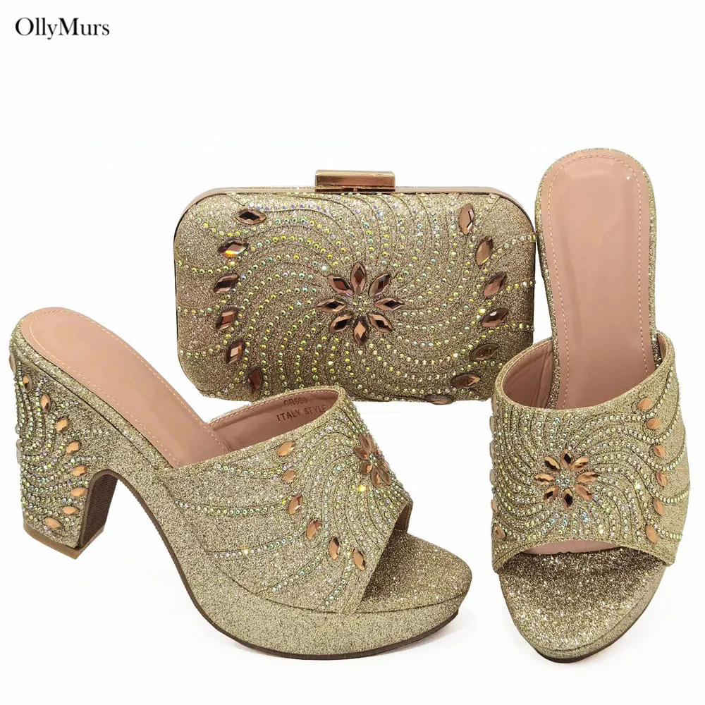 Mais novo verão cor verde feminino chinelo sapatos e saco conjunto para festa à noite sapatos de salto alto senhoras elegantes e conjunto saco