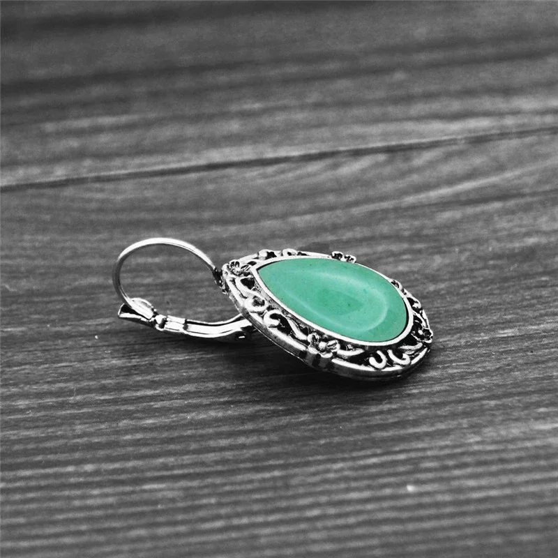 Vintage Drop Natural Jades Earrings Antique Silver Plated Natural Unakite Stone Flower Pendant Fashion Women Earring