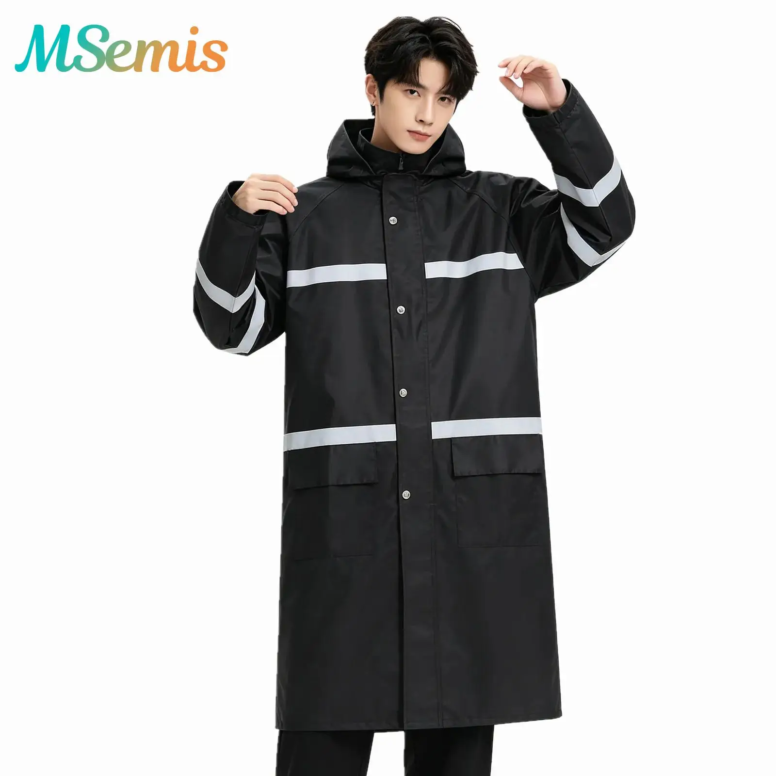 Adult Unisex Hooded Raincoat Mesh Lining Reflective Stripes Waterproof Windproof Rain Jacket Emergency Poncho Workwear