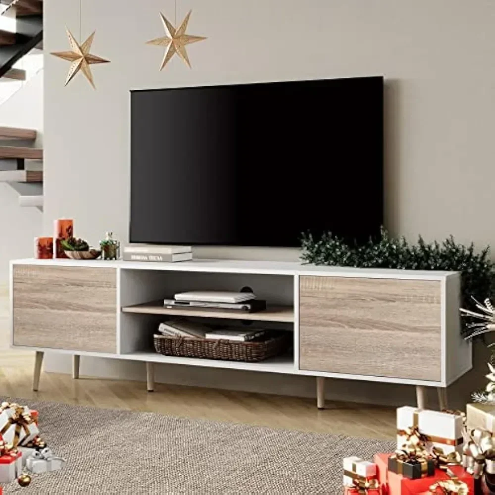 Mid Century Modern TV Stand for TVs up to 75 inches, Wood TV Console Media Cabinet with Storage,White and Oak