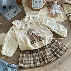 Autumn Baby Girls 3PCS Clothes Set Cotton Embroidery Collar Shirts Bear Knitted Vest Plaid Pleated Skirts Suit Kids Girl Outfit