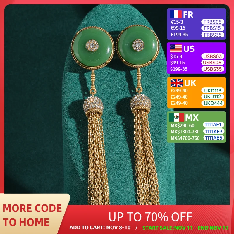 

Vintage Long Earrings Luxury For Woman Jewelry Green Jade Round Gold Color Rhinestones Tassel Chain Designer Antique Accessories
