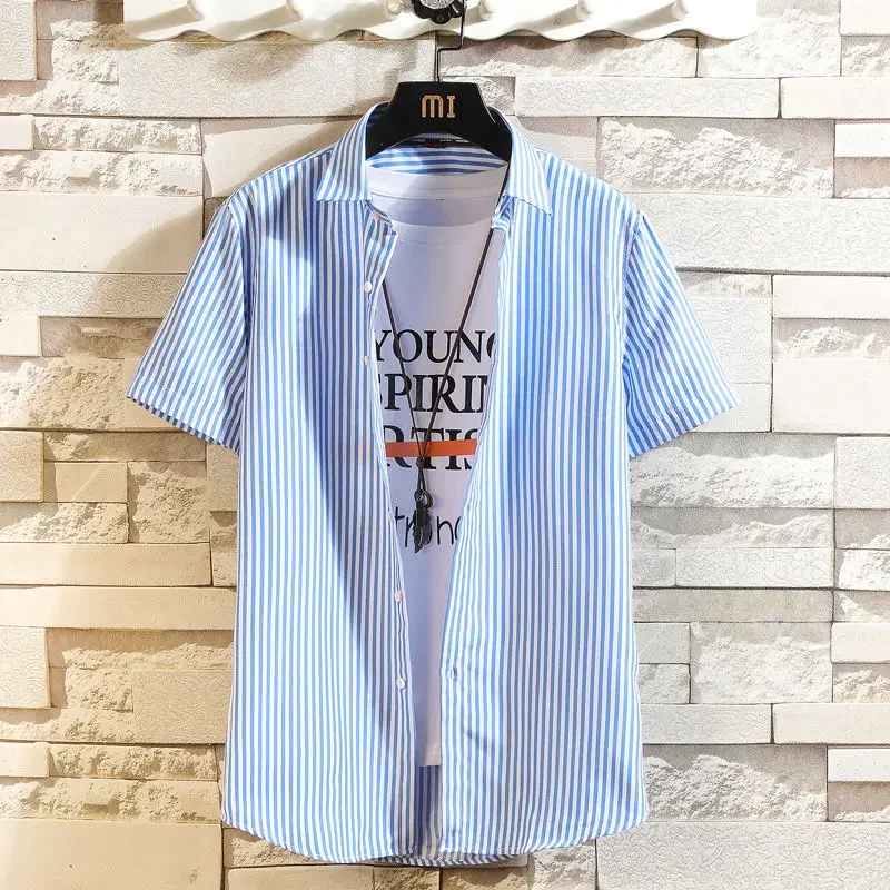 

Shirts Men Retro Spring Casual Loose All-match Handsome Fashion Plus Size Lapel Stripe New Arrival Male Clothes 2023