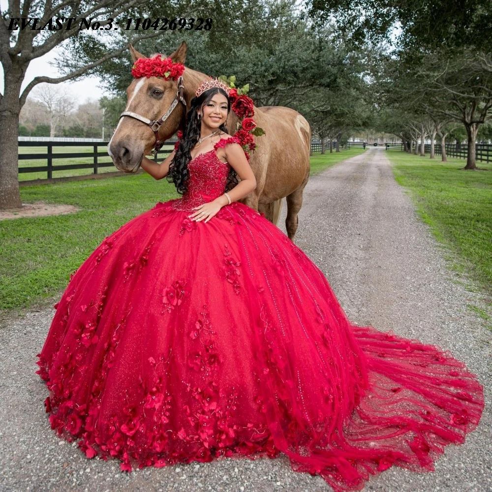 

EVLAST Красное платье принцессы Quinceanera по индивидуальному заказу, бальное платье с цветочной аппликацией, корсет с бисером, Sweet 16, Vestidos De 15 Anos E3Q714