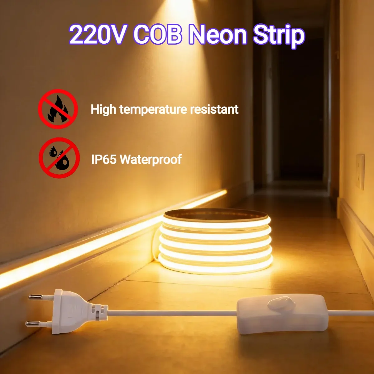 220V Pure Silicone Solid COB Neon LED Strip Light, IP65 Waterproof, High Temp Resistant, Cuttable & Bendable for Kitchen Stairs