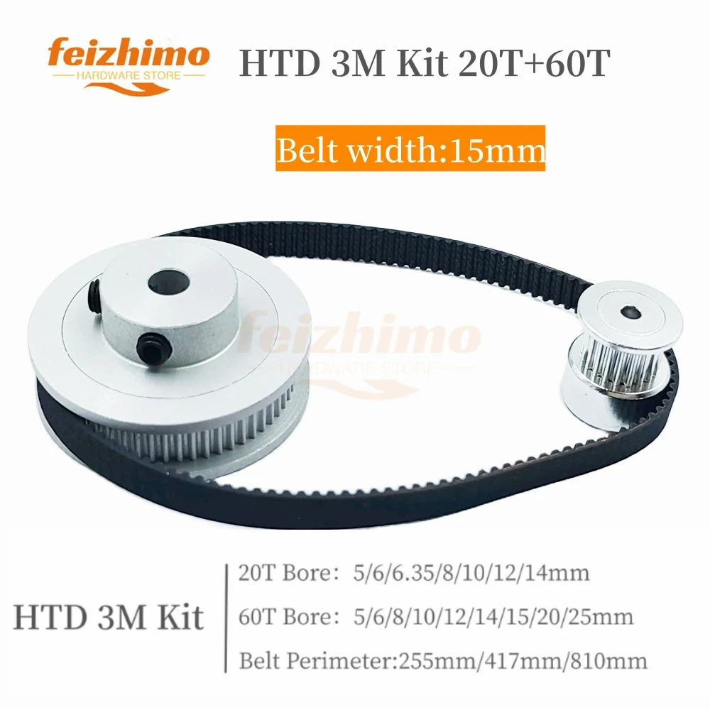 60T 20T HTD 3M Pulley Set For 3:1 20Teeth 60Teeth Belt Width 15mm Belt Pulleys 3M Synchronous Wheels Kit HTD3M Timing Pulley Set