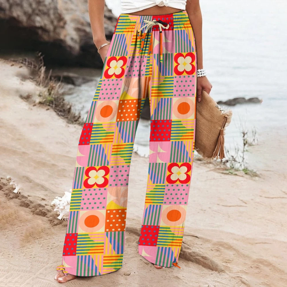 Color Printed Casual Trousers Fashion High Quality Cotton Wide Leg Pants Luxury Chic Drawstring Beachwear Women