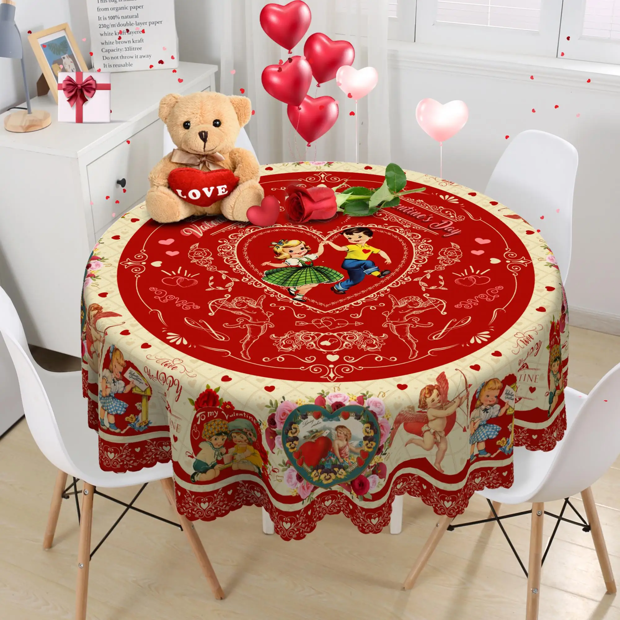 1 Piece Valentine's Day Red Round and Rectangular Tablecloth, Available in Various Sizes, Heart Rose Cupid Vintage Children's Gift Box Print Round Decorative Tablecloth, Embossed Edge Craftsmanship, Valentine's Day Home Dining Table Decoration, Suitable for Daily Home Kitchen and Patio Use, Valentine's Day Gift