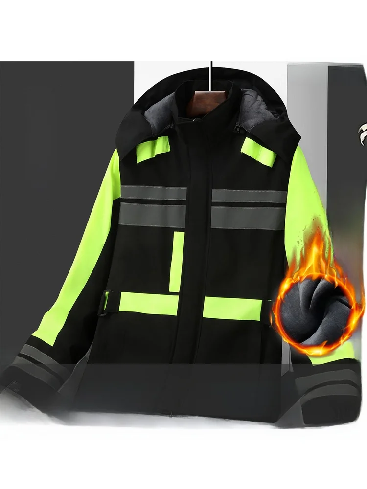 

Светоотражающая хлопковая куртка для мужчин, зимняя, для ночных работ, с подкладкой, ветрозащитная, для велоспорта, свободного кроя, с...