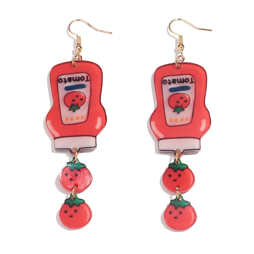 Cute Red Tomato Jam Bottle Long Drop Earrings for Women Funny Acrylic Cartoon Dangle Earrings Creative Jewelry Gifts