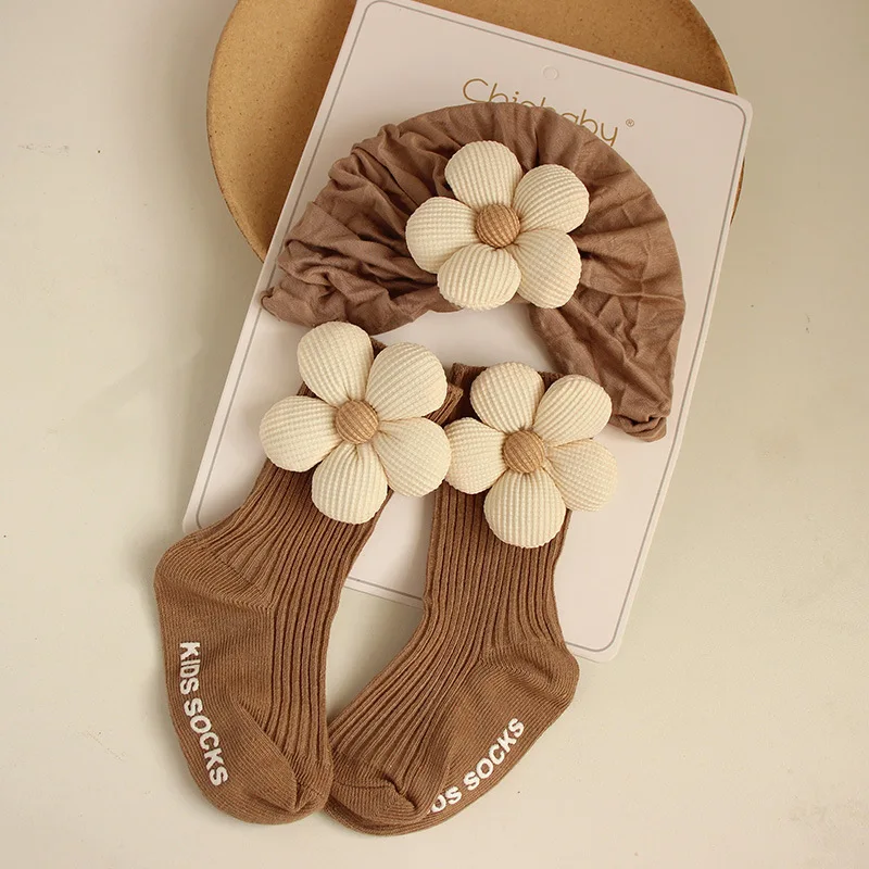 0-12M Infant Accessories Cute Flower Spring Autumn Cotton Newborn Baby Bebe Girl Hat Socks Two Pieces Set