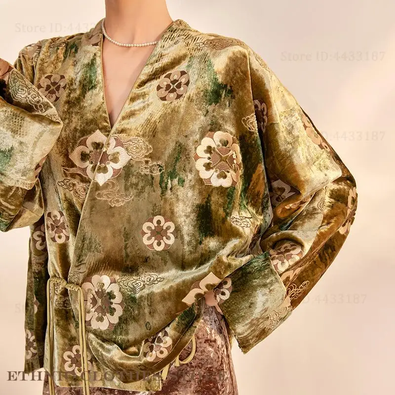 

Velvet Female Japanese Kimono Cardigan Jacket Luxury Hand-Embroidered Jacquard Hanfu Top Chinese Style Kimono Haori Yukata Coat