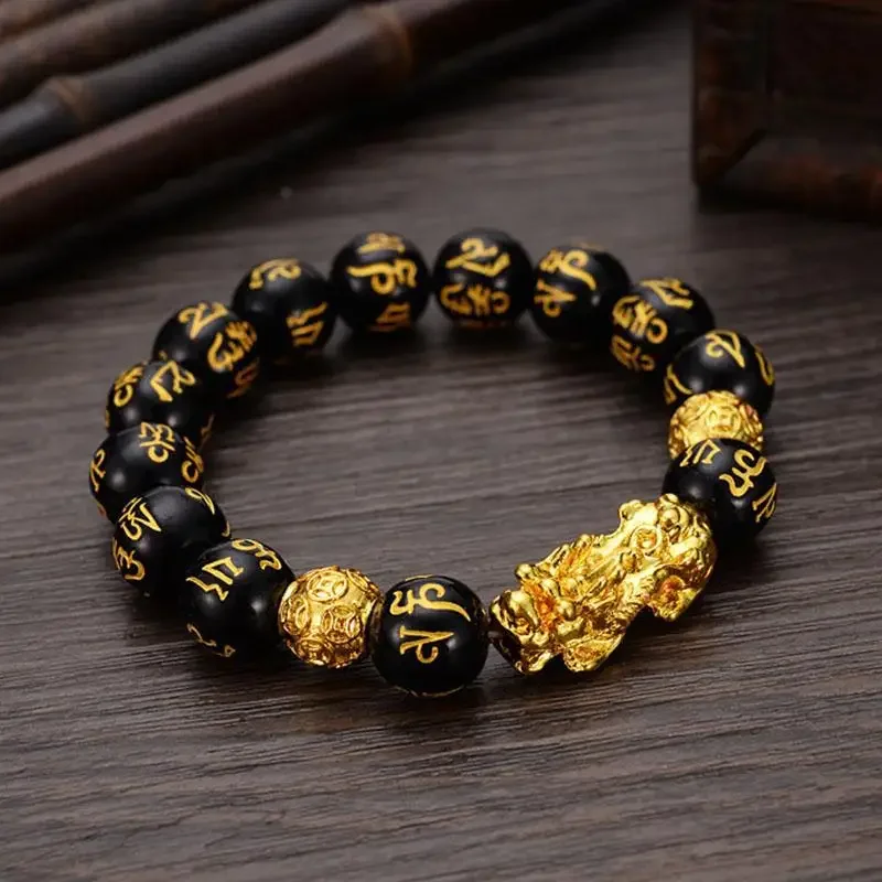 12mm Polished Motto Beads Bracelet Buddhism Six Word Men Pixiu Charm Bracelet Lucky Gift