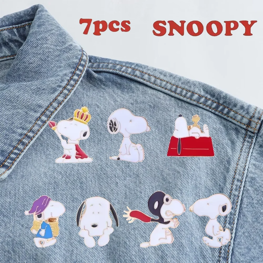

7 Pcs Snoopy Cartoon Metal Pin Cute White Dog Alloy Brooch Peanuts Gift for Students Fans Collectors Fashion Jewelry Accessory