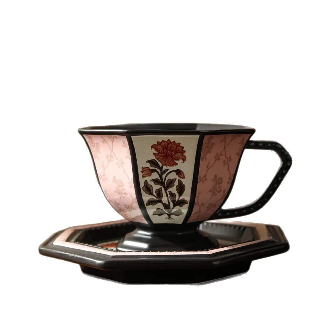 Luxury Retro Ceramic Coffee Cup and Plate Pot Set, European Afternoon Tea Plant Floral Mugs, Cup and Saucer Gift Set for Friends