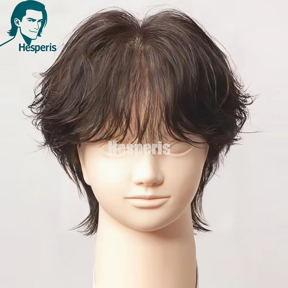 Hesperis # 2 Mullet pruiken van echt haar, bruin, kort, met 13x6 kant voorkant, met pony, voor mannen, wolf cut korte pruiken