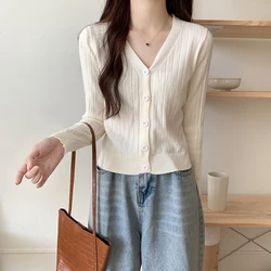 2025 Women Knitted Top Spring Autumn Casual V-Neck Single Breasted Cardigan Simple All-Matched Solid Slim Sweater