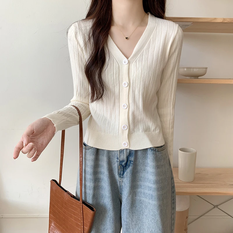 2025 Women Knitted Top Spring Autumn Casual V-Neck Single Breasted Cardigan Simple All-Matched Solid Slim Sweater