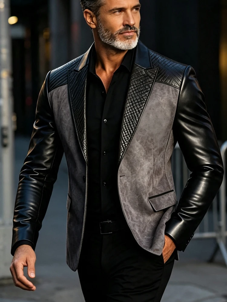 Men's Slim Fit Single Breasted Blazer PU Suede Splicing Notched Lapel Formal Business Suit Jacket Party Work Winter Outerwear