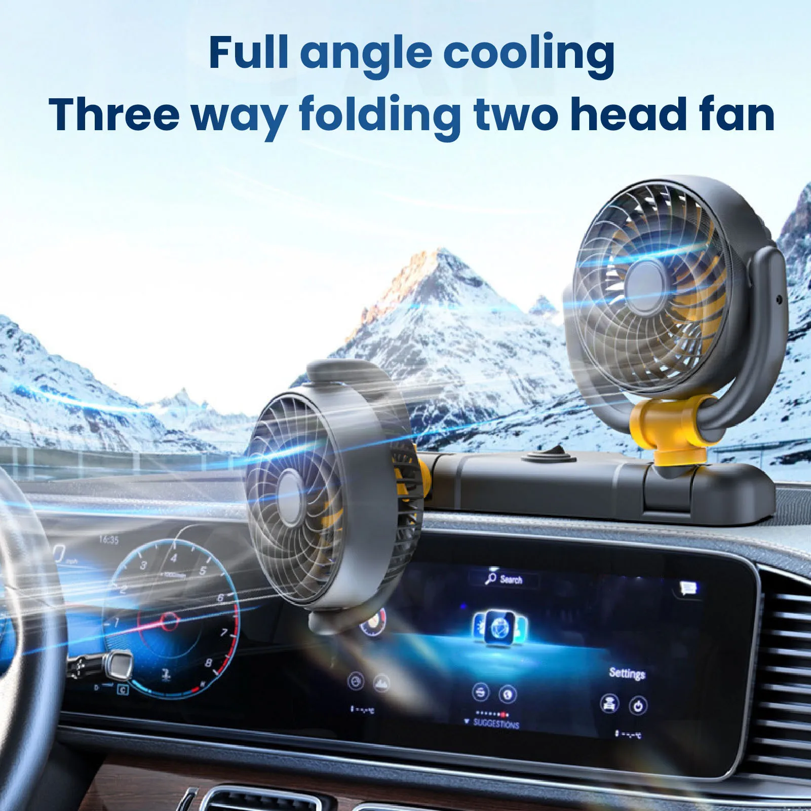 Dual Head Car Fan 12V Adjustable Dual Head Car Fan  Brushless Motor 360 Degree Rotation 2 Speed Dashboard Mount for Vehicle