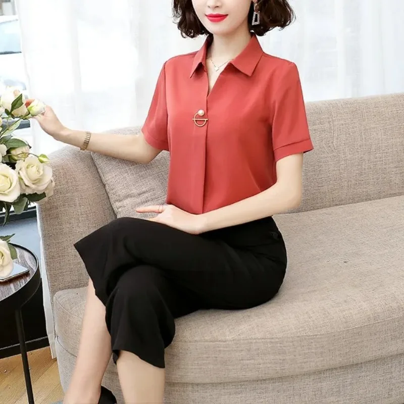 

Summer Women's Clothing Solid Color Pullover Rivet Turn-down Collar Short Sleeve Chiffon Shirt Casual Elegant Formal Tops