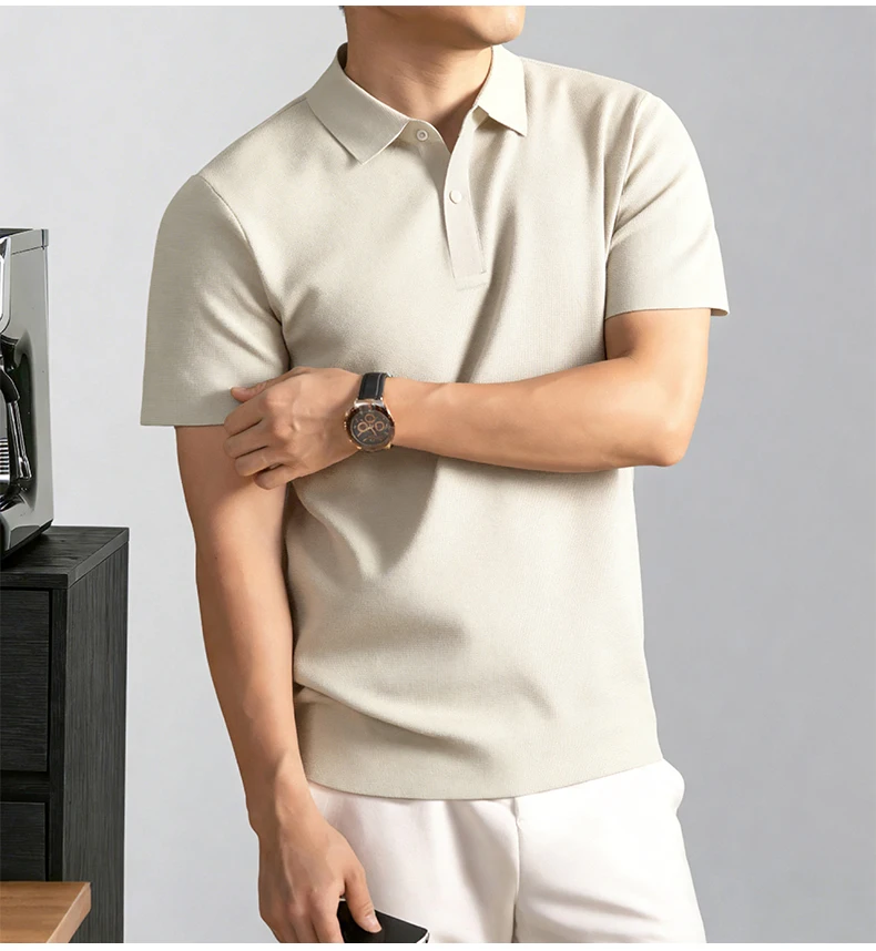 Modisches, einfarbiges Kurzarm-Poloshirt aus luxuriöser atmungsaktiver Eisseide für Herren Sommer Business Casual, bequem, vielseitig, T-Shirt – Detail 8